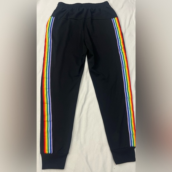 Black Joggers Cotton Blend Drawstring Sweatpants with Rainbow Stripes - Picture 10 of 15